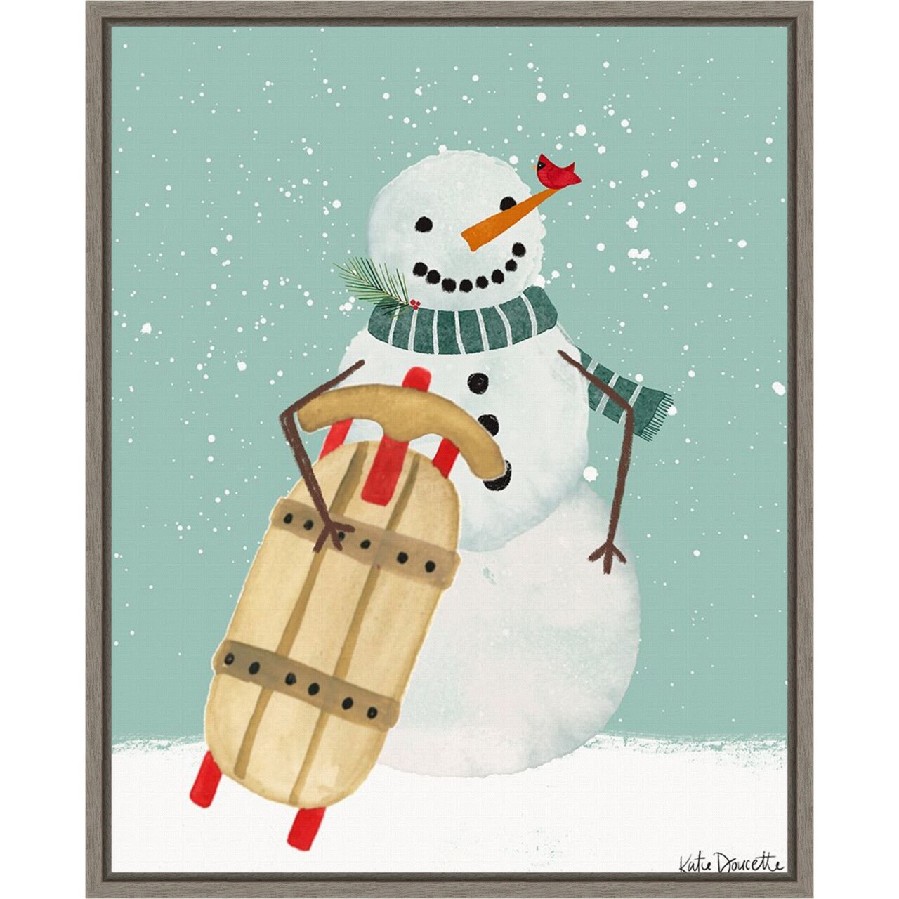 Snowman and Sled by Katie Doucette Canvas Art Framed